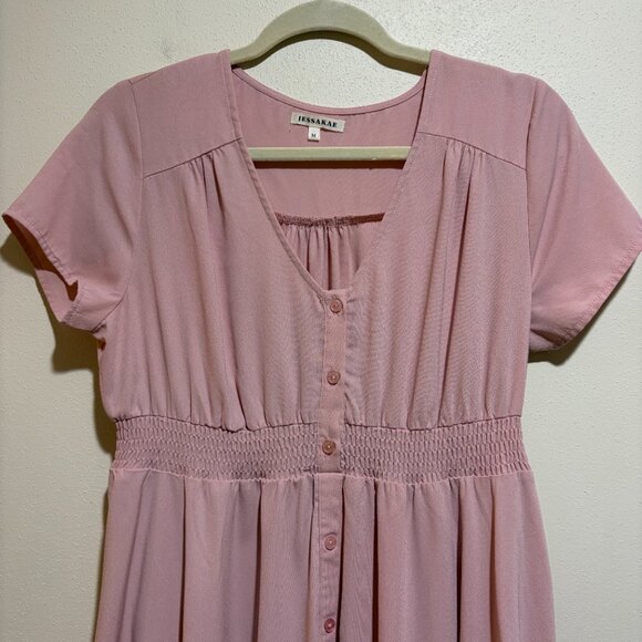 JessaKae Adelaide Smocked Maxi Dress Pink Button Front - Picture 4 of 10